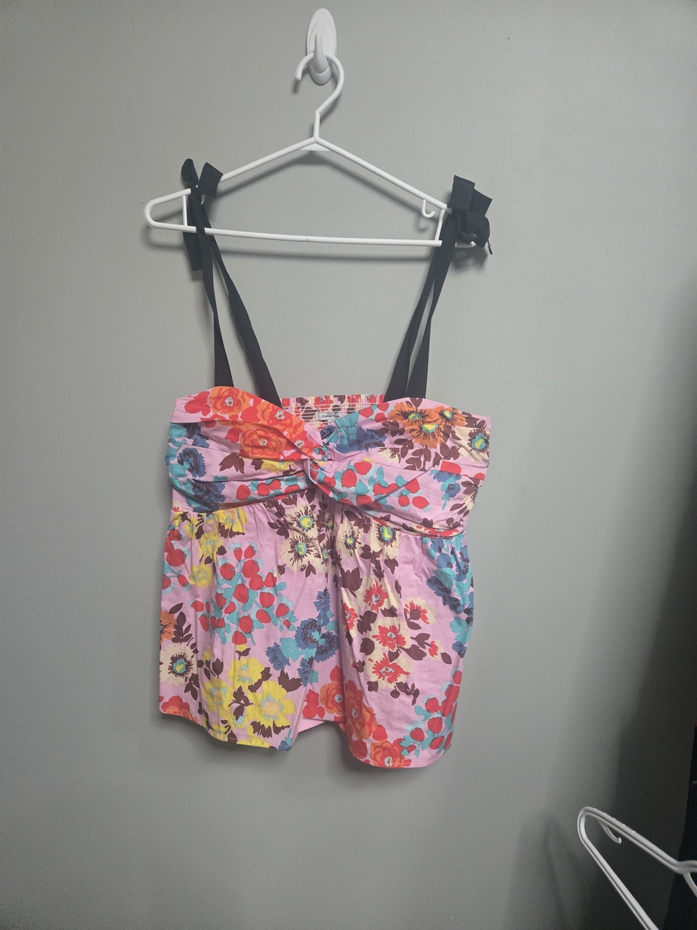 Peter Som Pink Floral Strappy Top with Teal and Red Accents